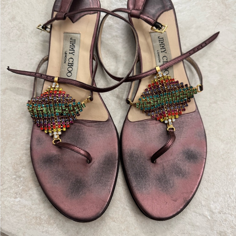 Jimmy Choo Metallic Pink Sandals with Beaded Design